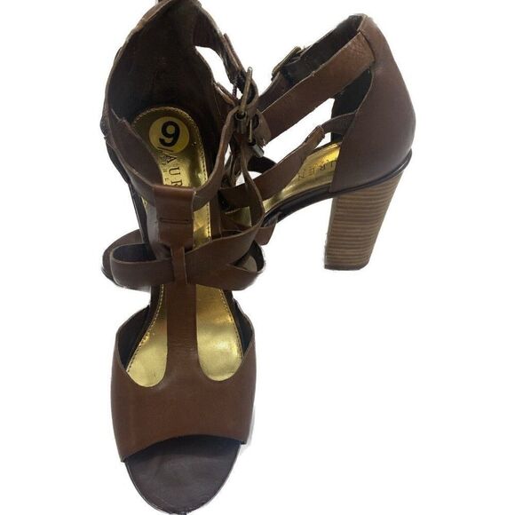 Lauren Ralph Lauren Brown Leather Stacked Heel Ankle Strap Heels Women SZ 9 EUC - Picture 1 of 10